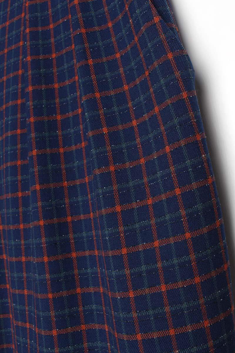 Navy Blue-Orange-Pleated Plaid Patterned Palazzo Trousers