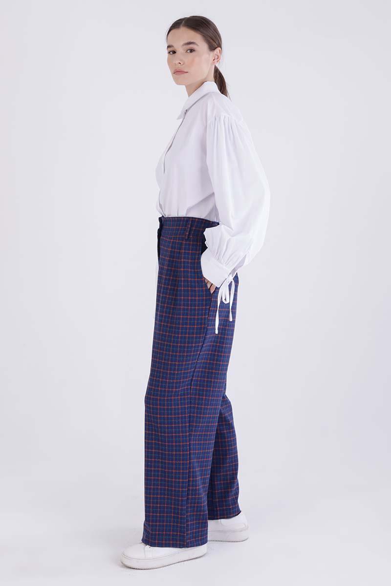 Navy Blue-Orange-Pleated Plaid Patterned Palazzo Trousers