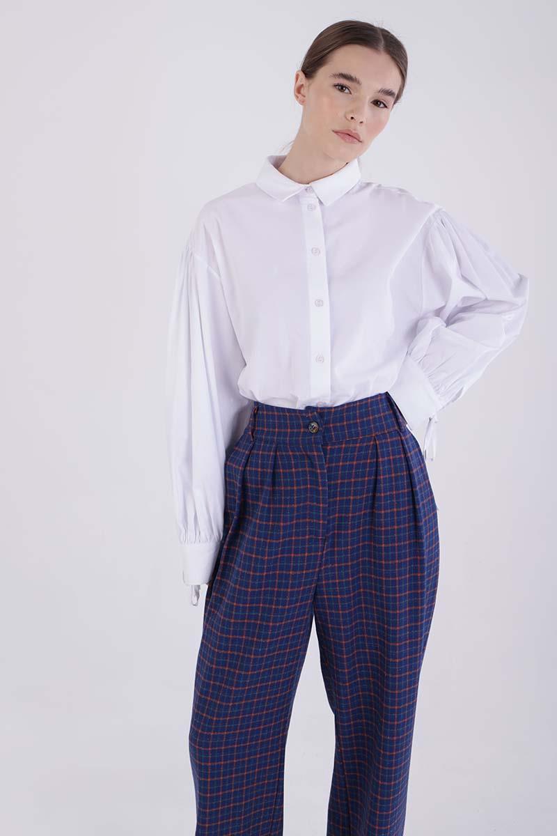 Navy Blue-Orange-Pleated Plaid Patterned Palazzo Trousers