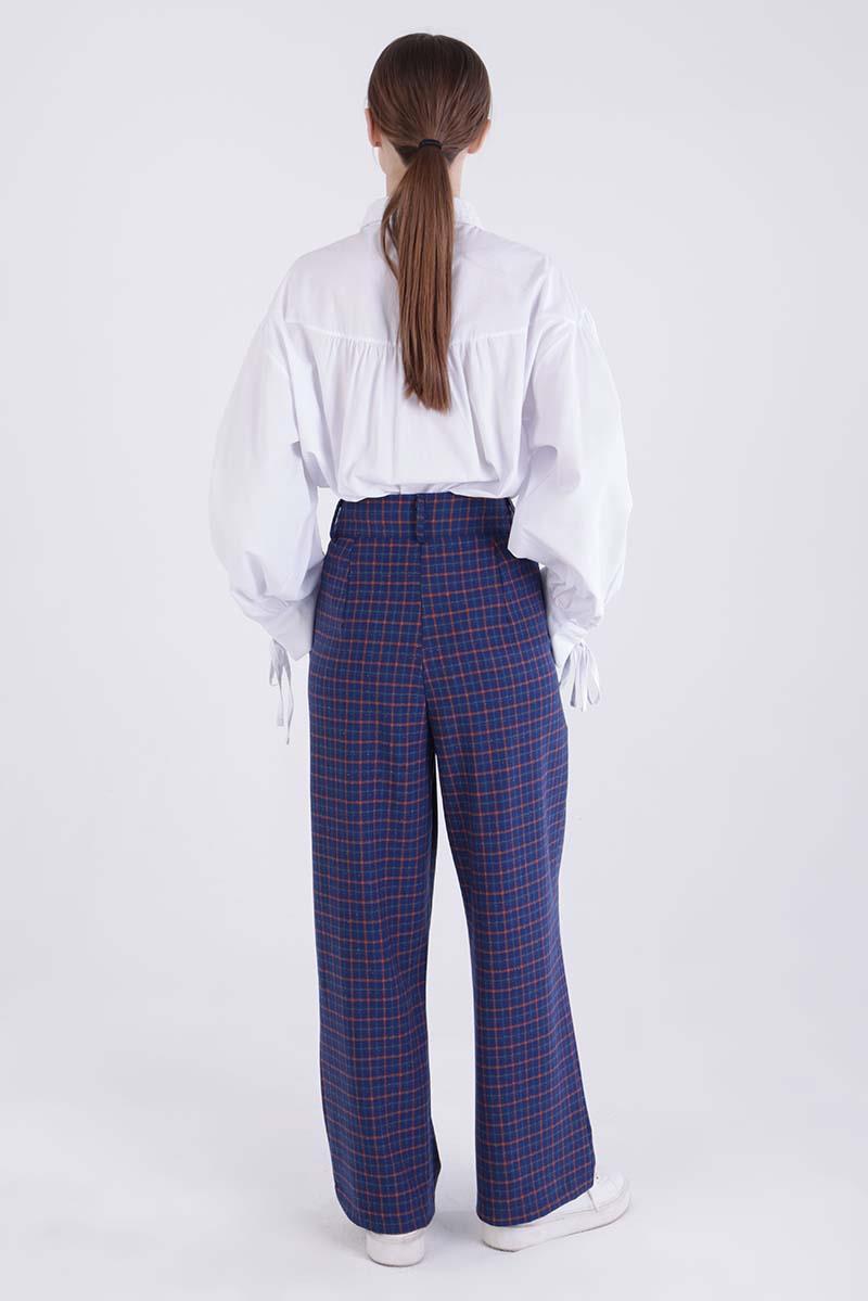 Navy Blue-Orange-Pleated Plaid Patterned Palazzo Trousers