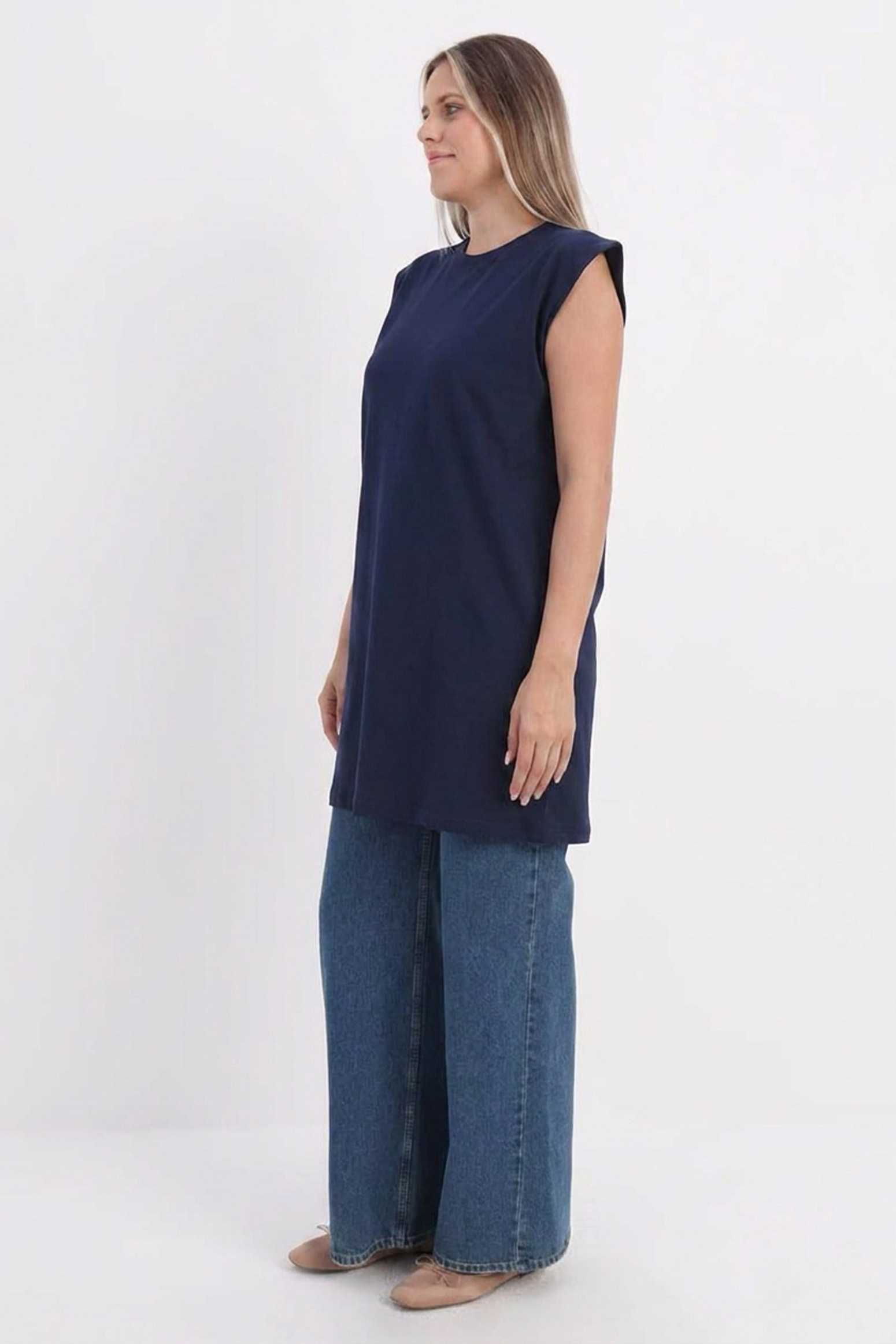 Lacivert-Yaka Biyeli Kolsuz T-Shirt Tunik
