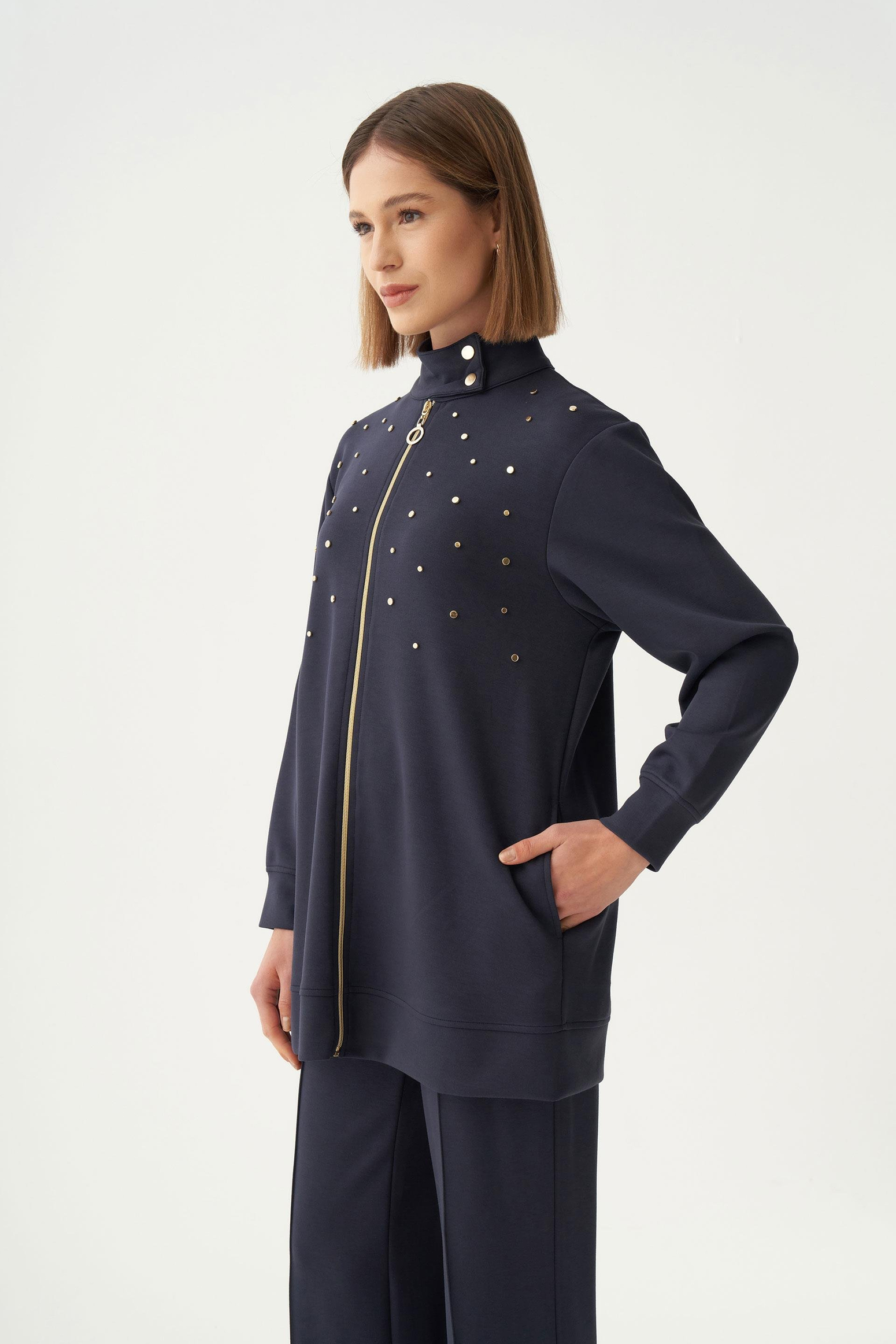 Lacivert-Yumuşak Dokulu Gold Droplu Eşofman Takımı