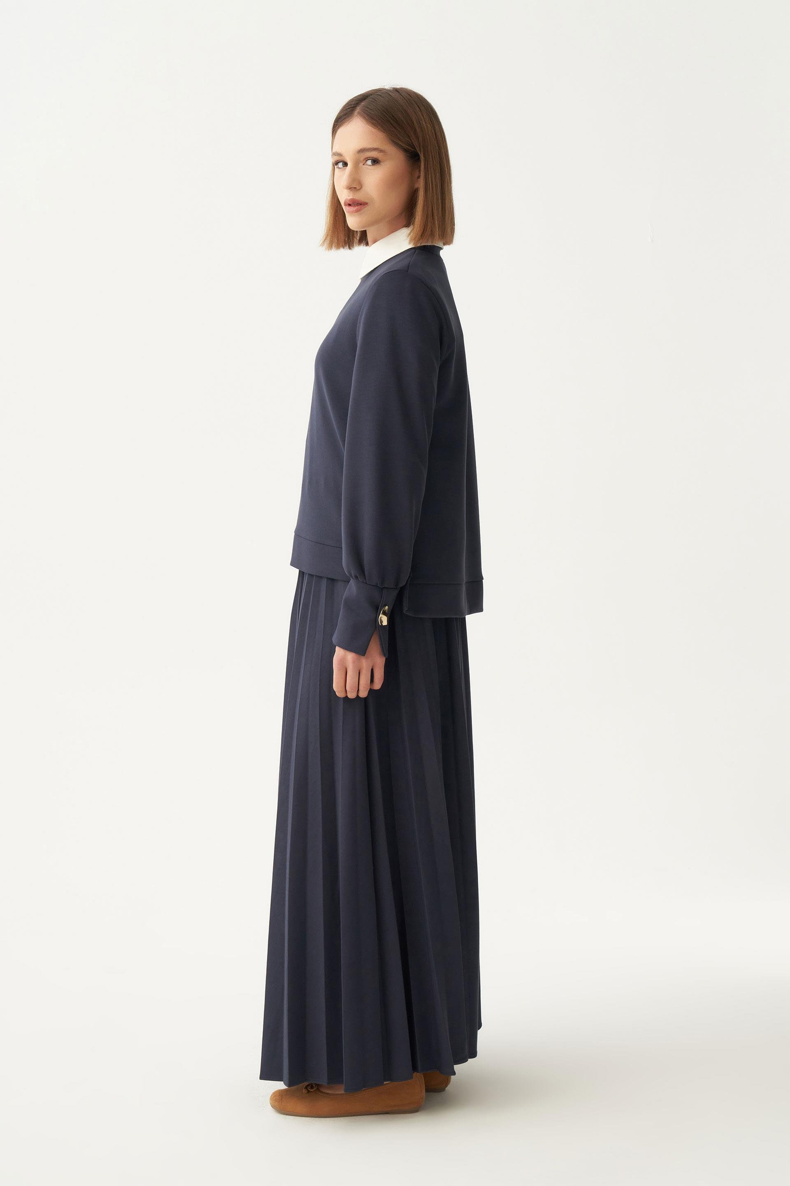 Lacivert-Yumuşak Dokulu Pliseli Şık Etekli Takım