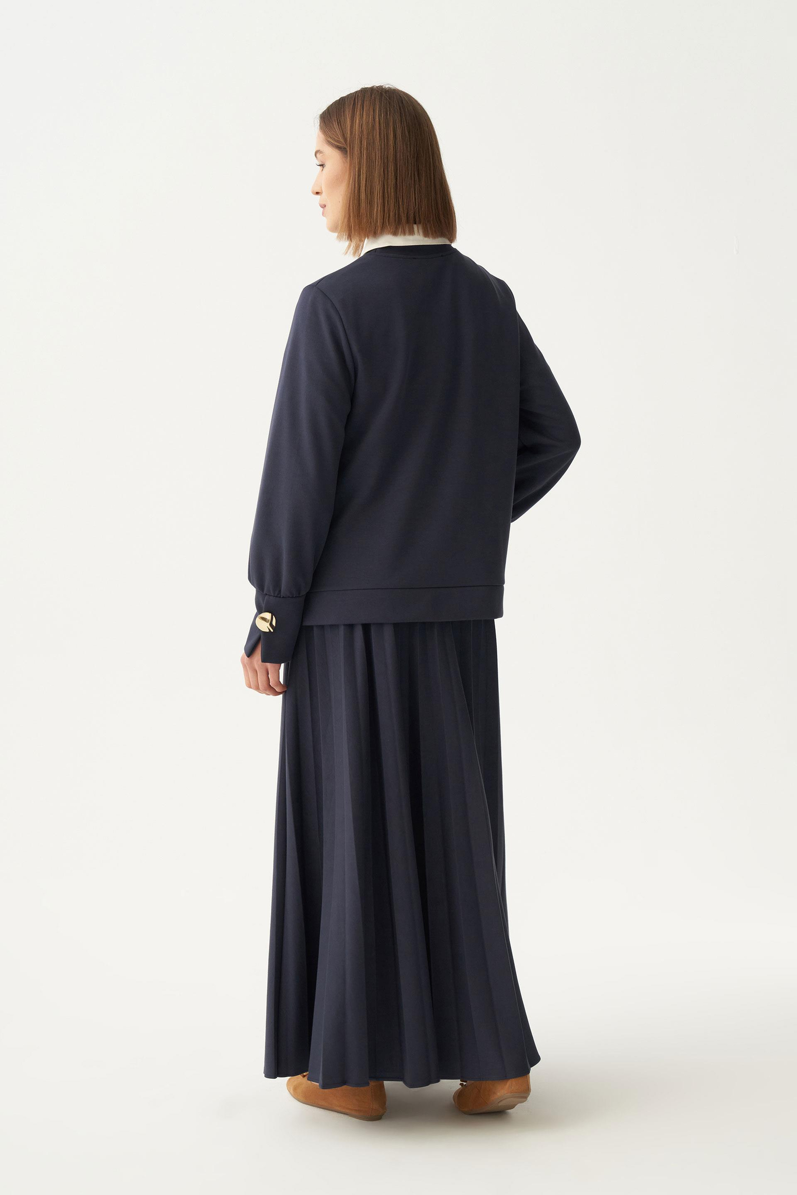 Lacivert-Yumuşak Dokulu Pliseli Şık Etekli Takım