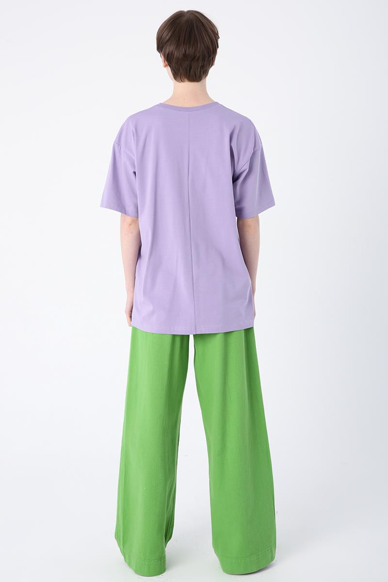 Lavanta-Pamuklu Bisiklet Yaka Nakışlı Kısa Kollu T-Shirt