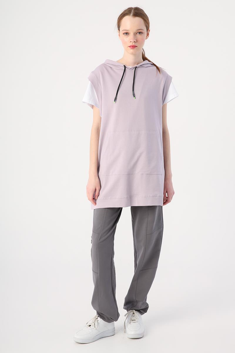 Lila-Kapüşonlu Kanguru Cepli Sweat Süveter