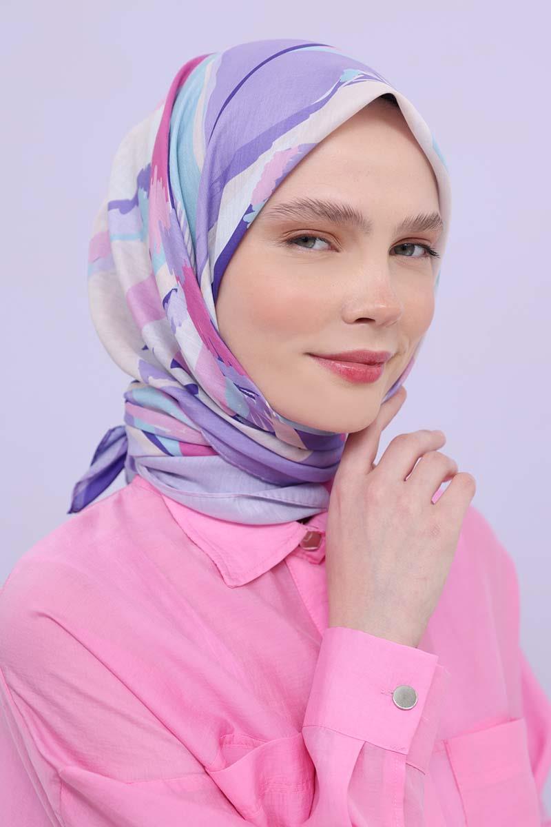 Lila-Mor-Desenli Pamuk Lucia Eşarp