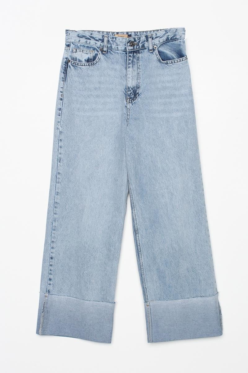 Mavi-%100 Pamuk Yüksek Bel Bol Paça Katlama Detaylı Denim Pantolon