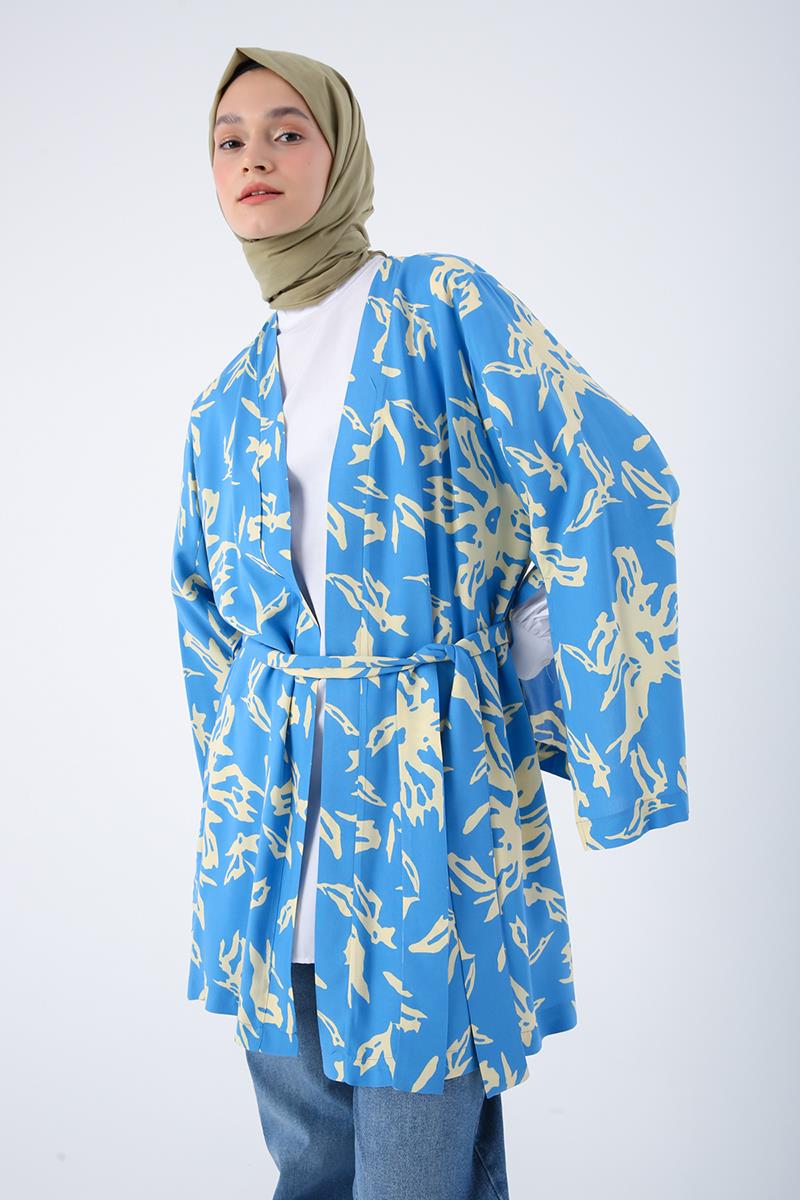 Blue-Beige-Oversized Sleeve Slit Detailed Belted Patterned Kimono