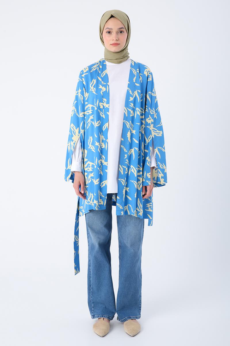 Blue-Beige-Oversized Sleeve Slit Detailed Belted Patterned Kimono