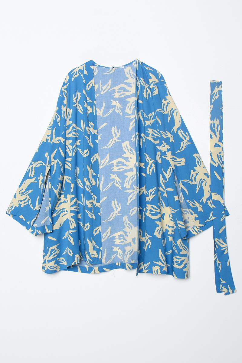 Blue-Beige-Oversized Sleeve Slit Detailed Belted Patterned Kimono