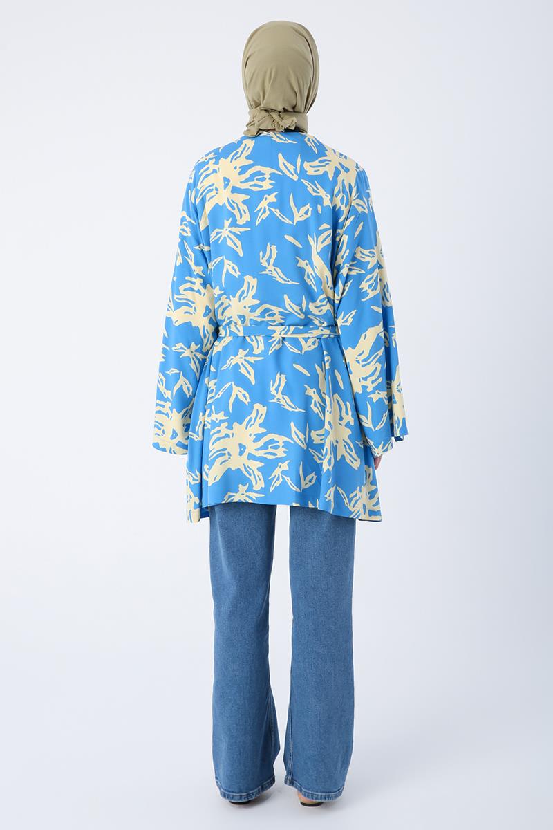 Blue-Beige-Oversized Sleeve Slit Detailed Belted Patterned Kimono