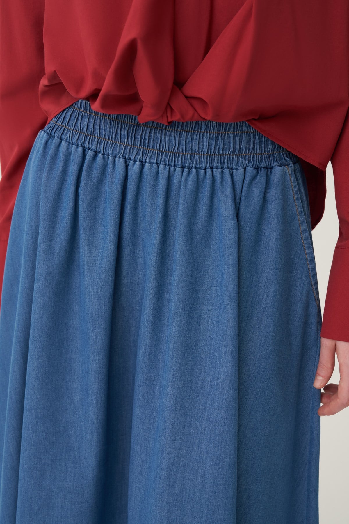 Mavi-Beli Lastikli Denim Kloş Etek