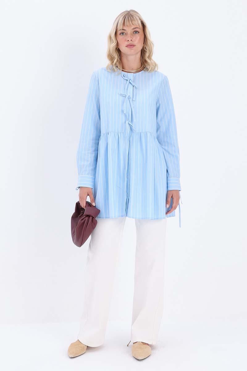 Mavi-Beyaz-%100 Pamuklu Çizgili Poplin Gömlek Tunik