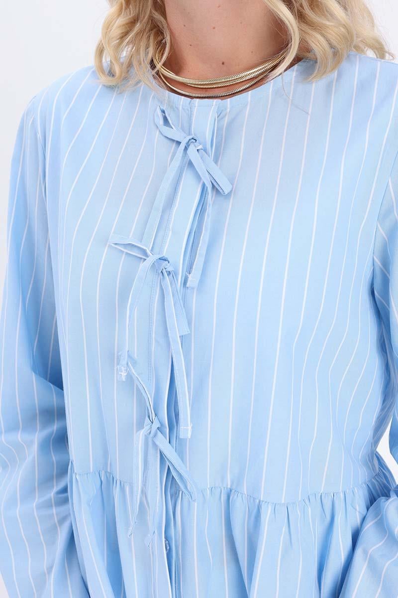 Mavi-Beyaz-%100 Pamuklu Çizgili Poplin Gömlek Tunik