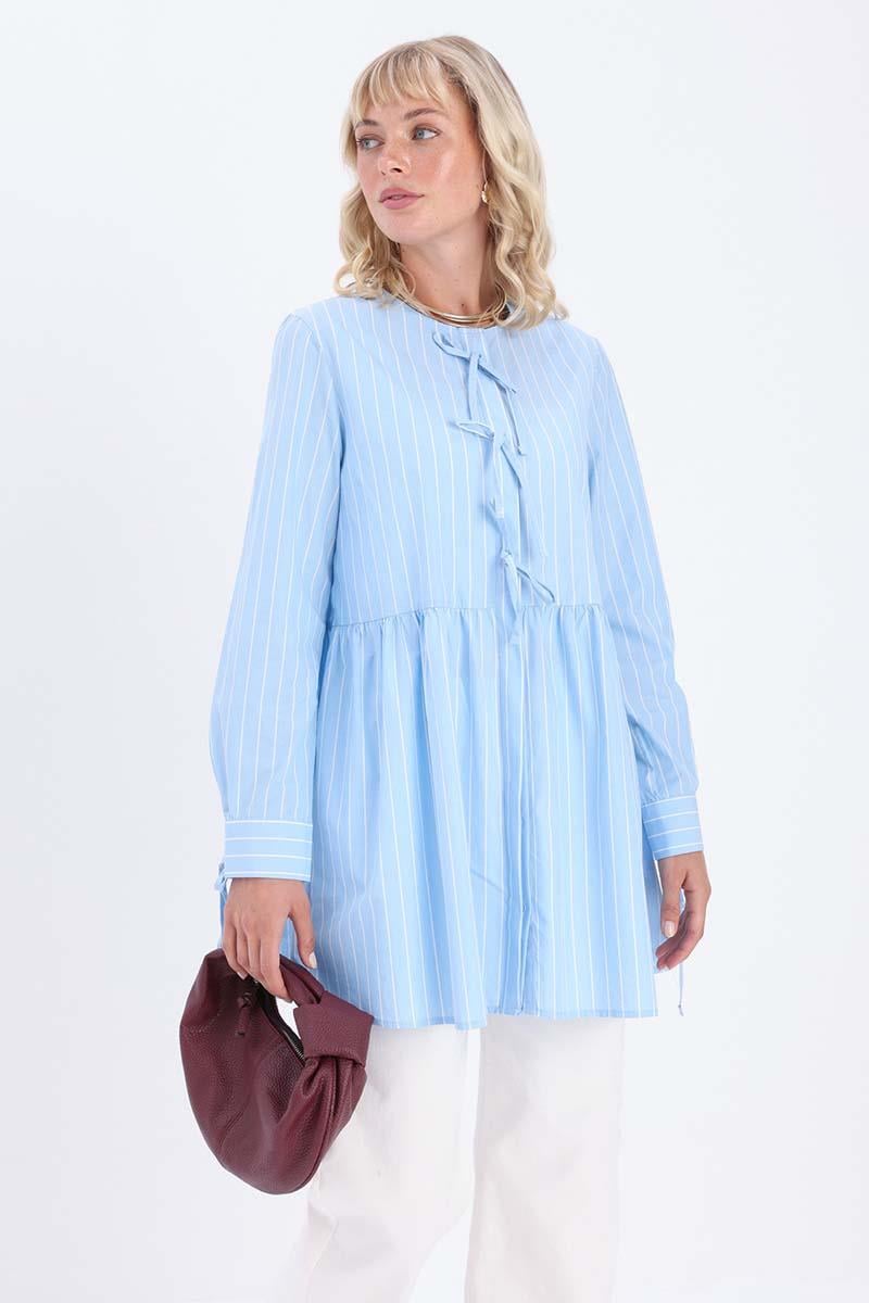 Mavi-Beyaz-%100 Pamuklu Çizgili Poplin Gömlek Tunik