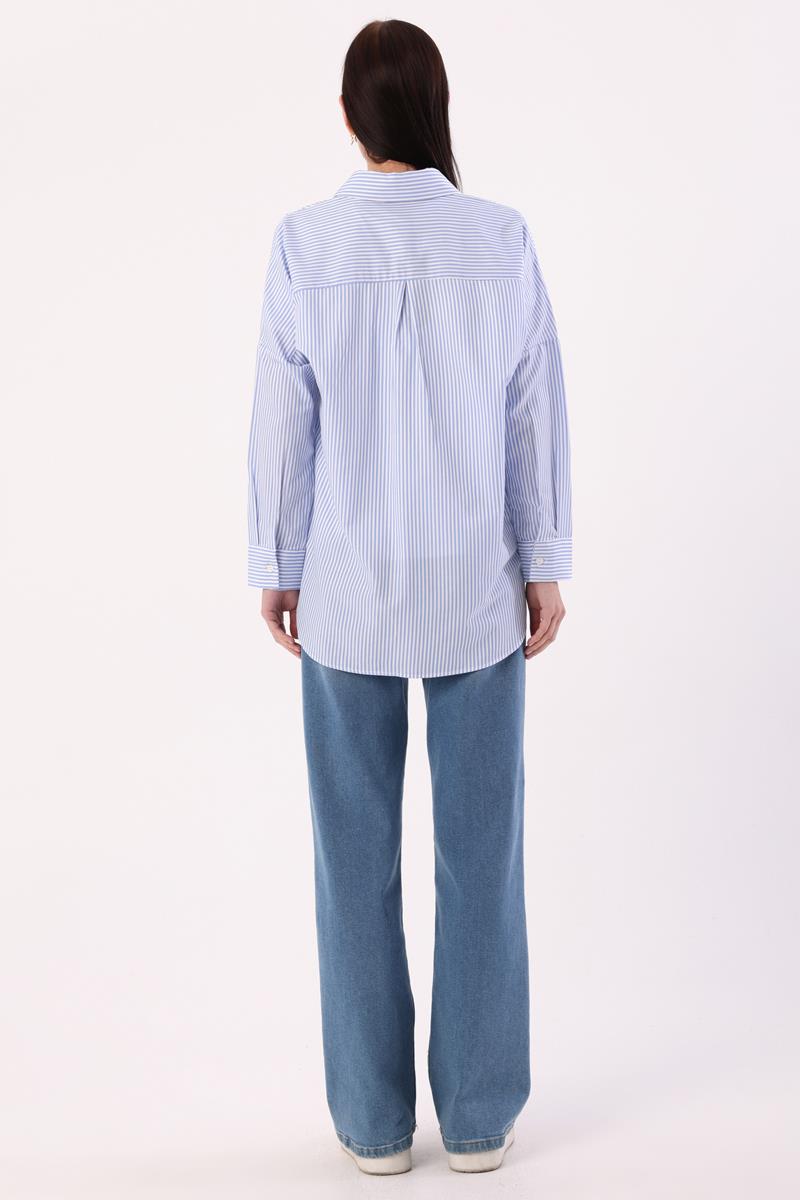Mavi-Beyaz-Oversize Basic Gömlek