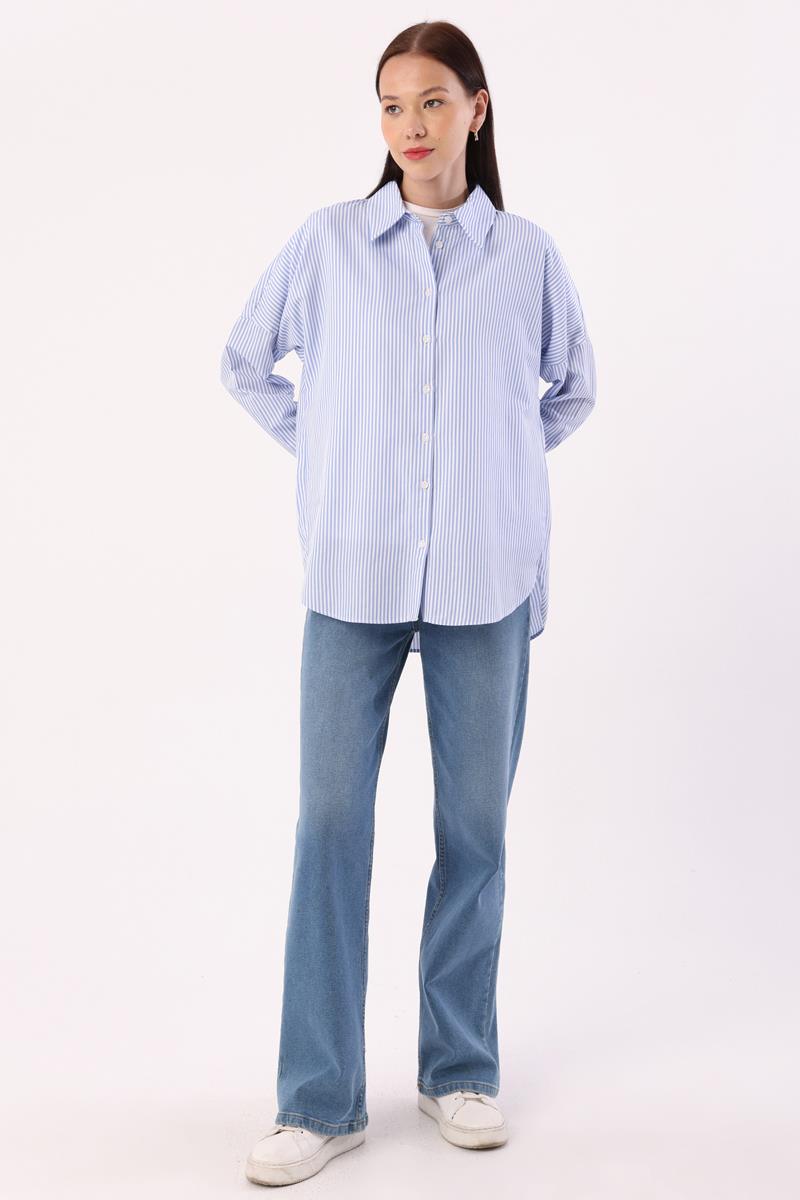 Mavi-Beyaz-Oversize Basic Gömlek