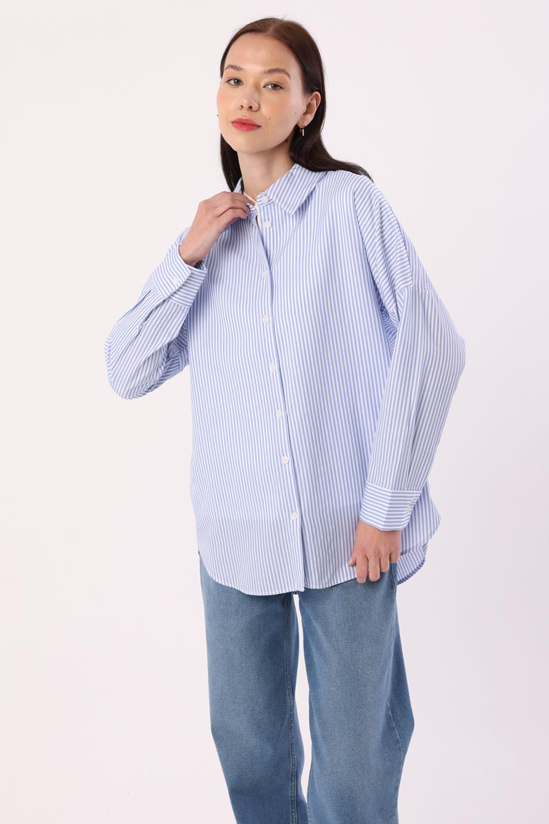 Mavi-Beyaz-Oversize Basic Gömlek