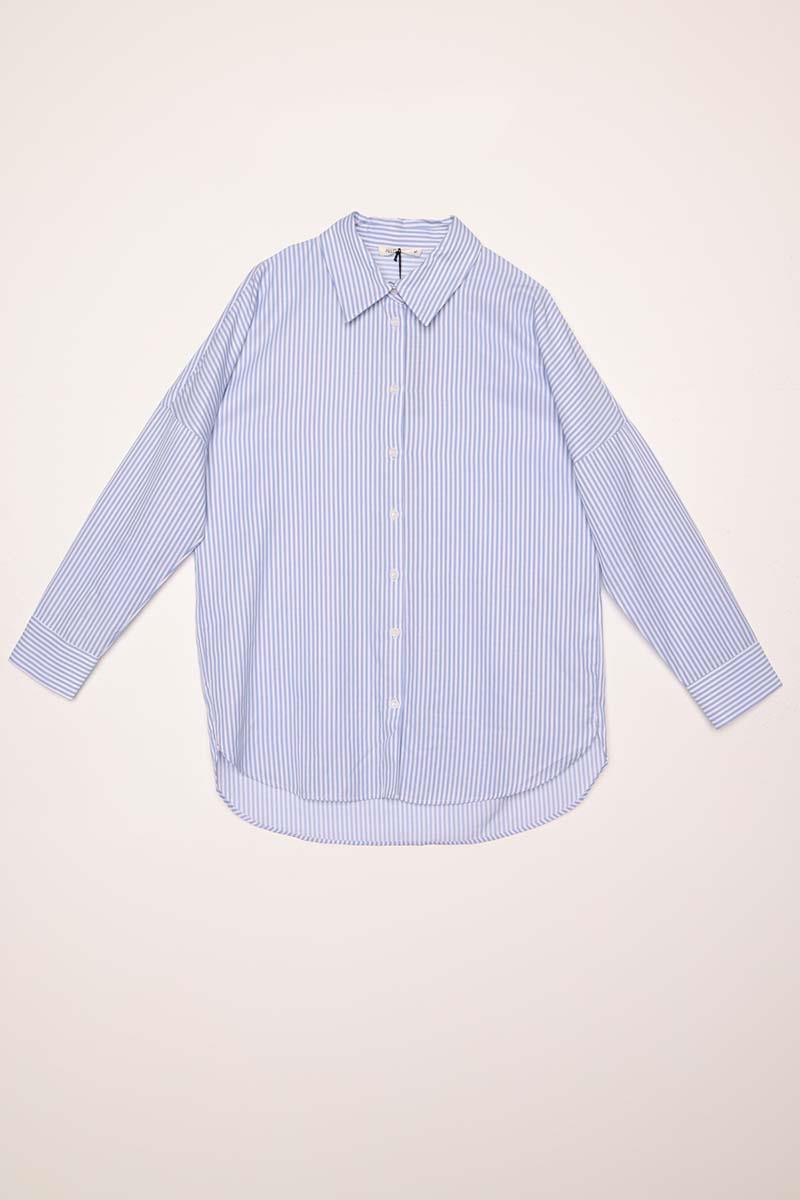 Mavi-Beyaz-Oversize Basic Gömlek