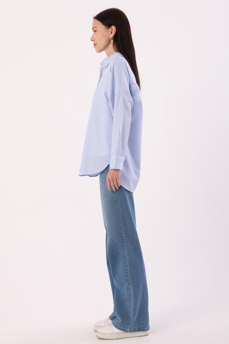 Mavi-Beyaz-Oversize Basic Gömlek