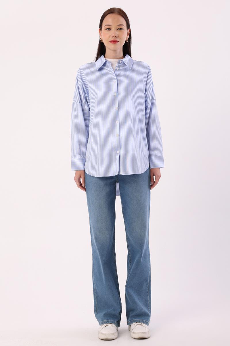 Mavi-Beyaz-Oversize Basic Gömlek