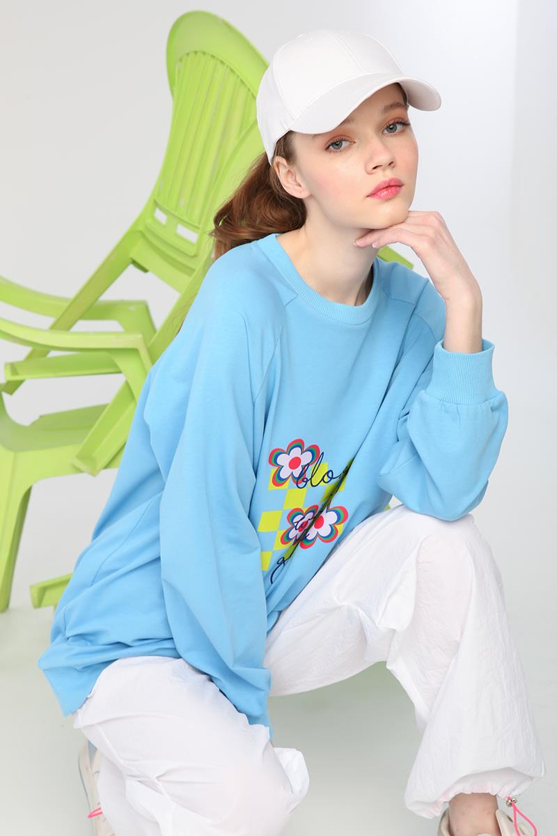 Mavi-Bisiklet Yaka Bloom With Grace Baskılı Sweatshirt