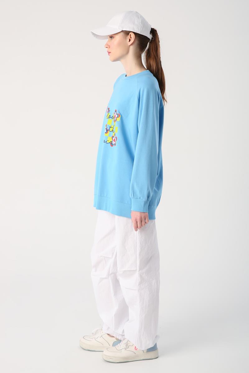 Mavi-Bisiklet Yaka Bloom With Grace Baskılı Sweatshirt