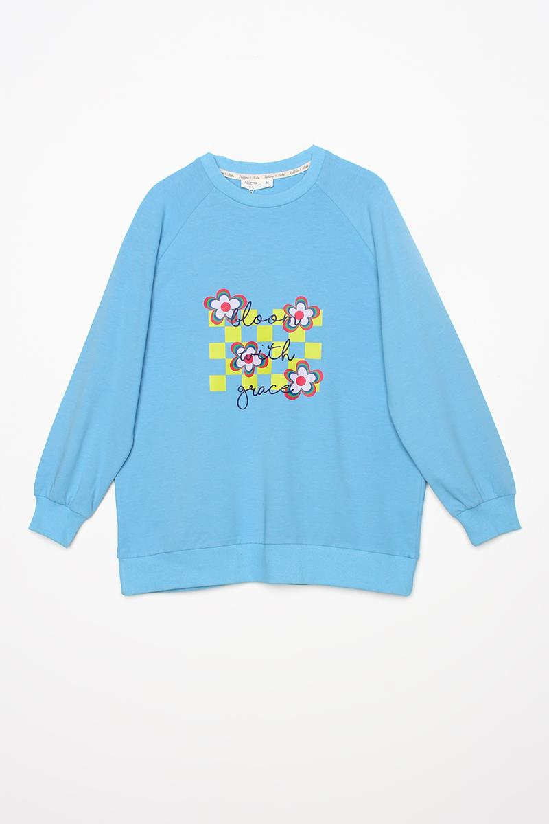 Mavi-Bisiklet Yaka Bloom With Grace Baskılı Sweatshirt