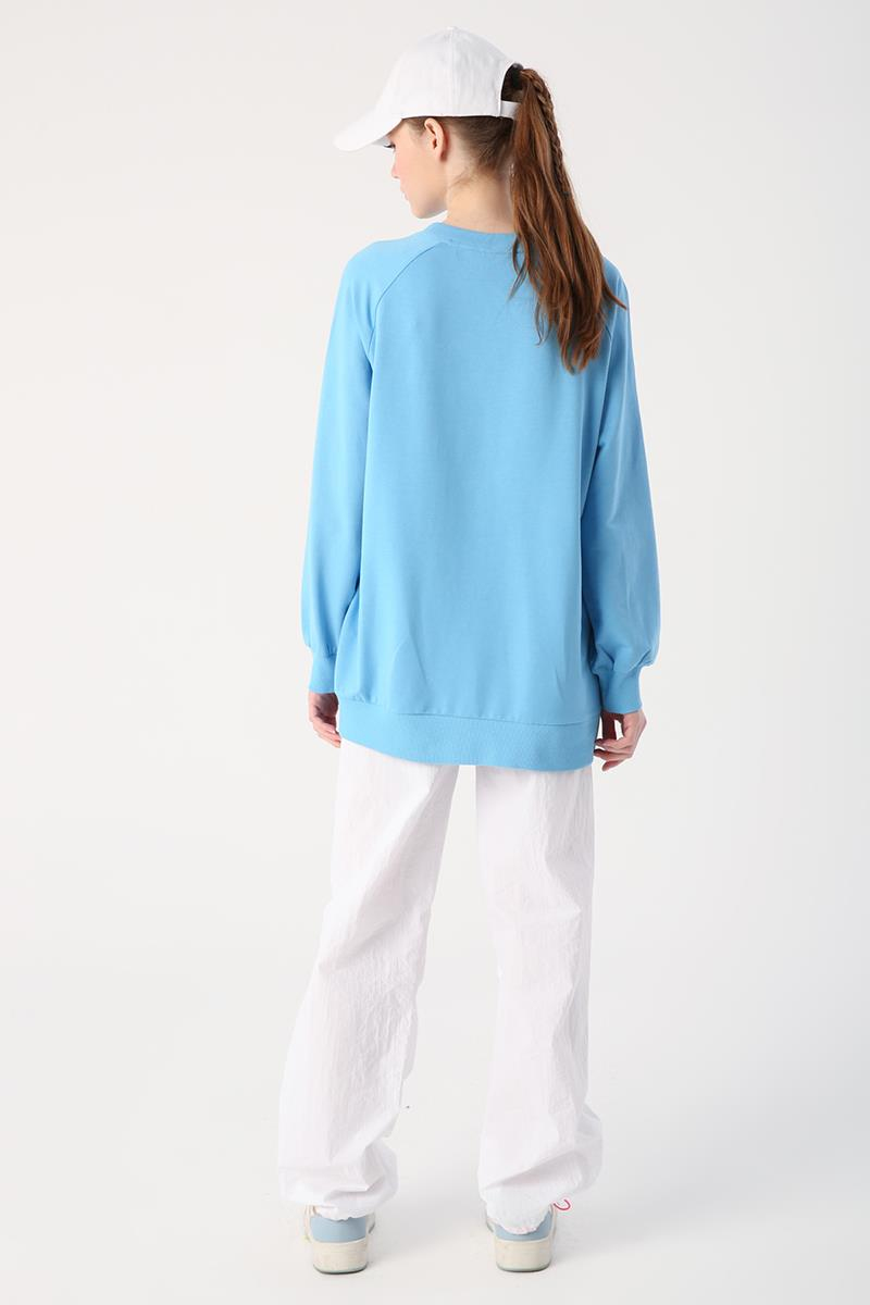 Mavi-Bisiklet Yaka Bloom With Grace Baskılı Sweatshirt
