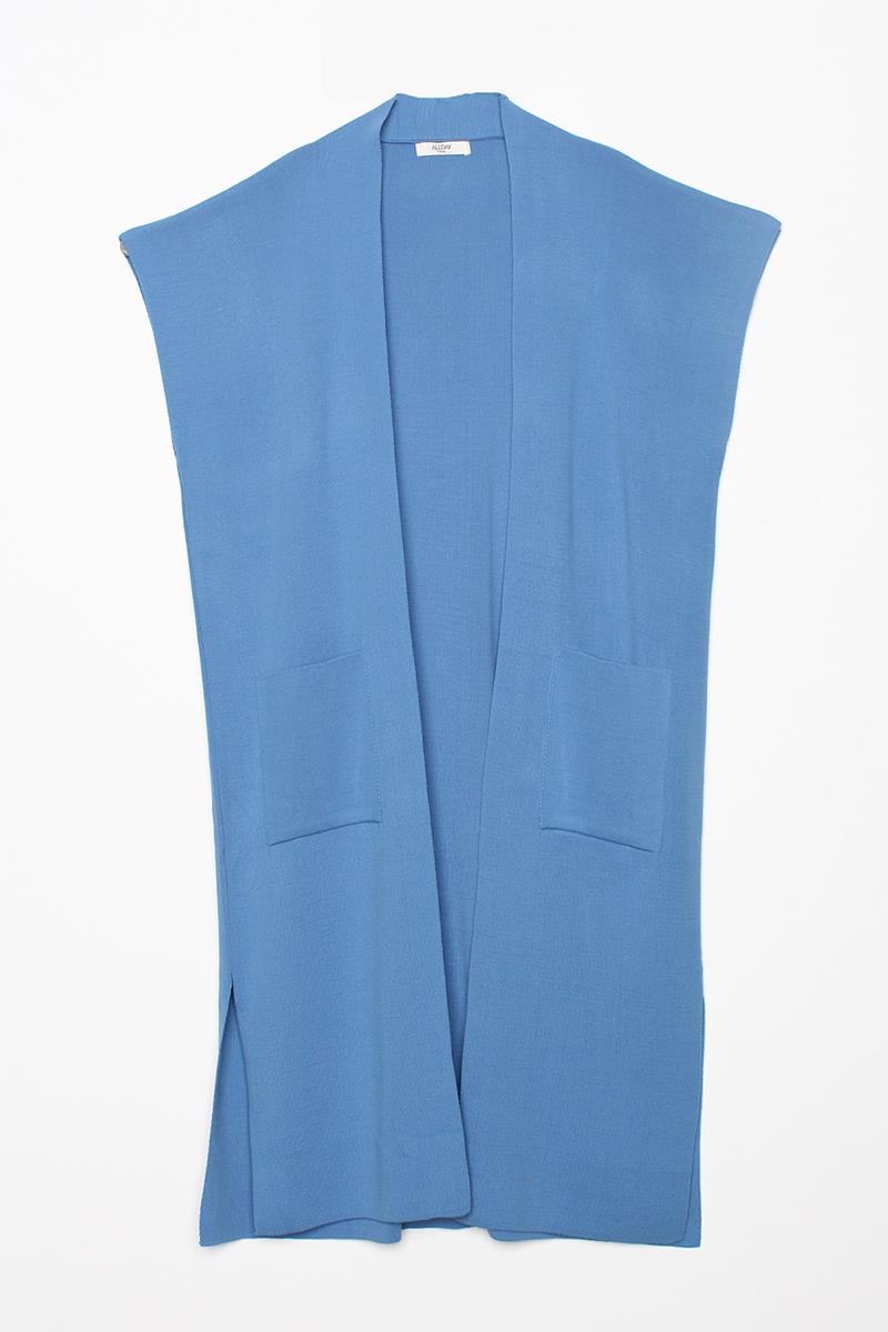 Blue-Pocket Long Knitwear Vest