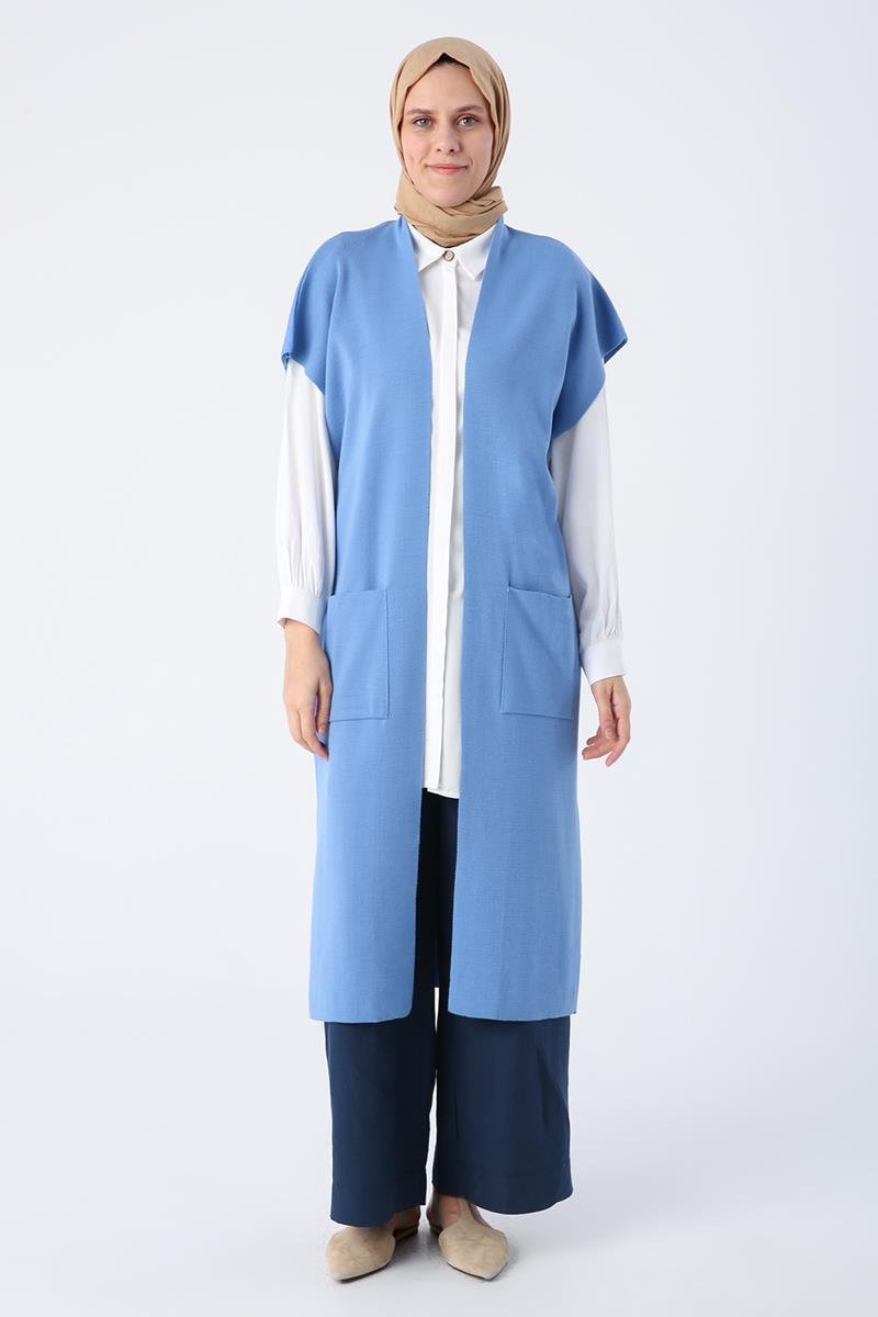 Blue-Pocket Long Knitwear Vest