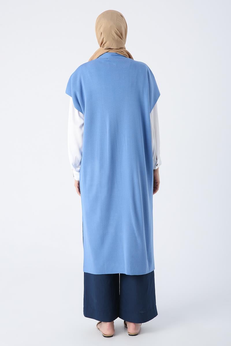 Blue-Pocket Long Knitwear Vest