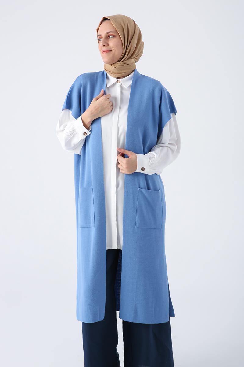 Blue-Pocket Long Knitwear Vest