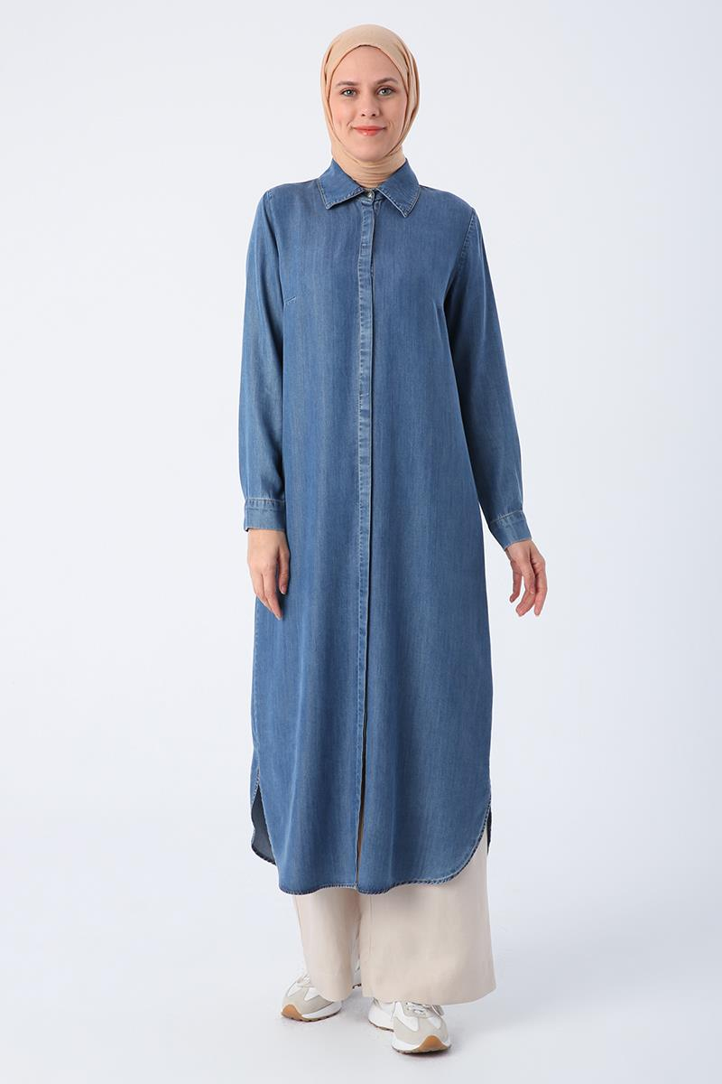 Mavi-Denim Yırtmaçlı Uzun Gömlek Tunik