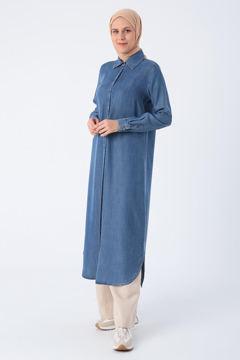 Mavi-Denim Yırtmaçlı Uzun Gömlek Tunik