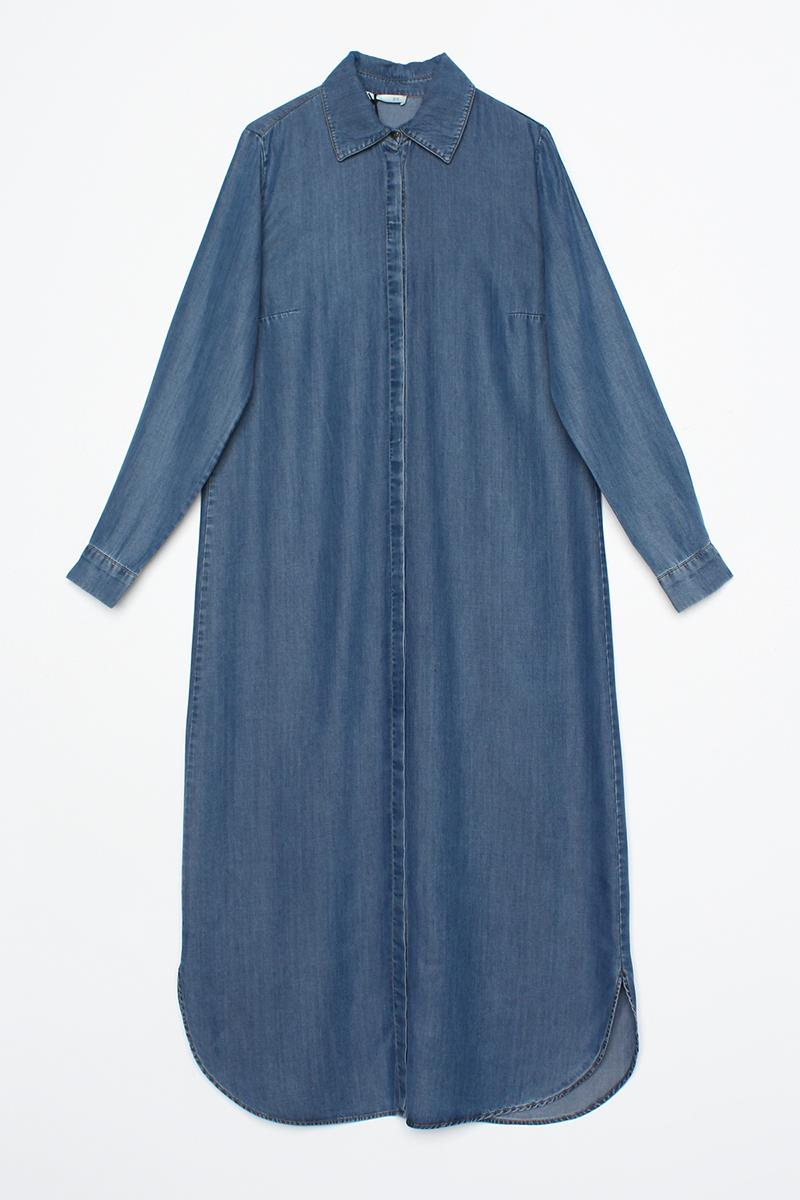 Mavi-Denim Yırtmaçlı Uzun Gömlek Tunik