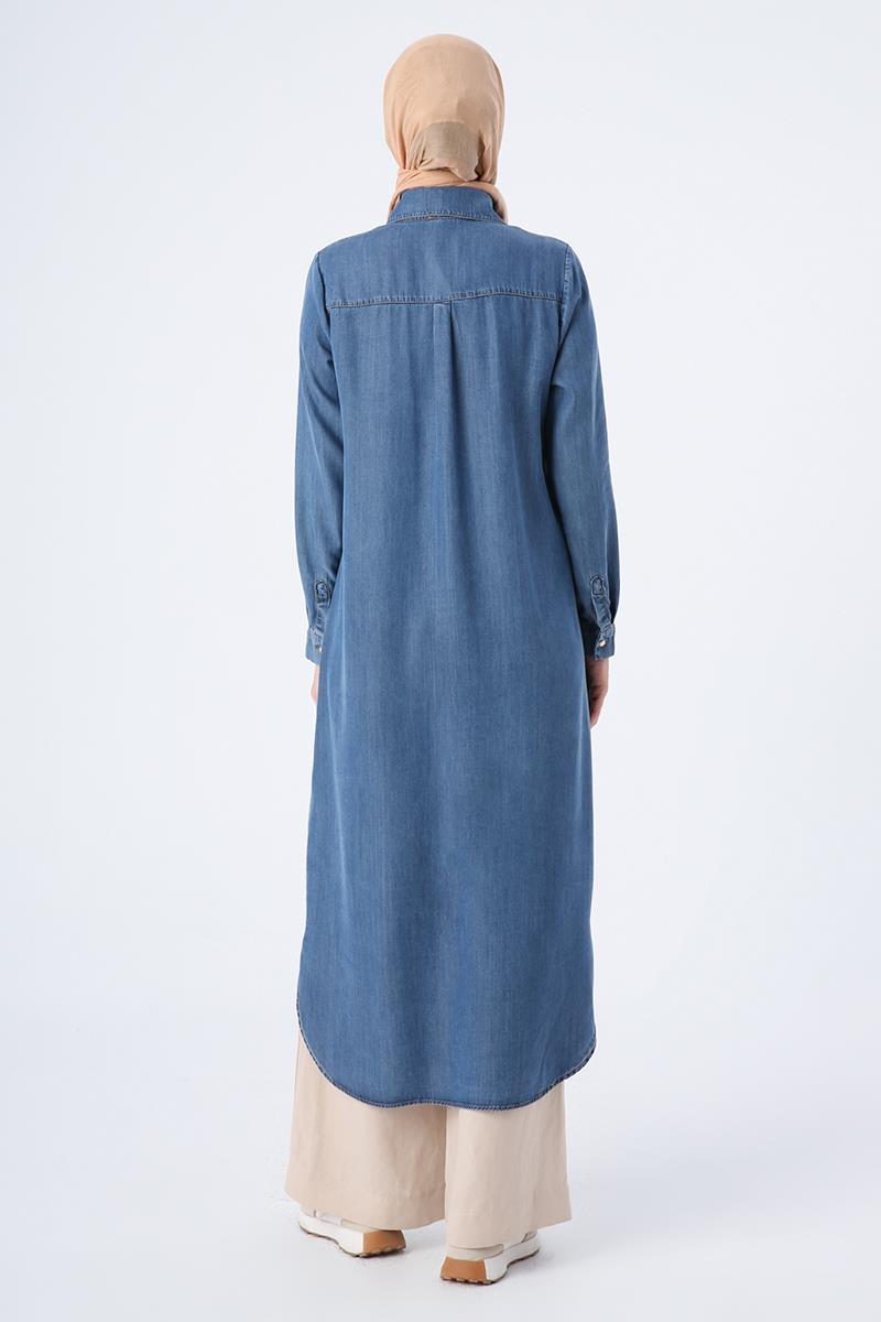 Mavi-Denim Yırtmaçlı Uzun Gömlek Tunik