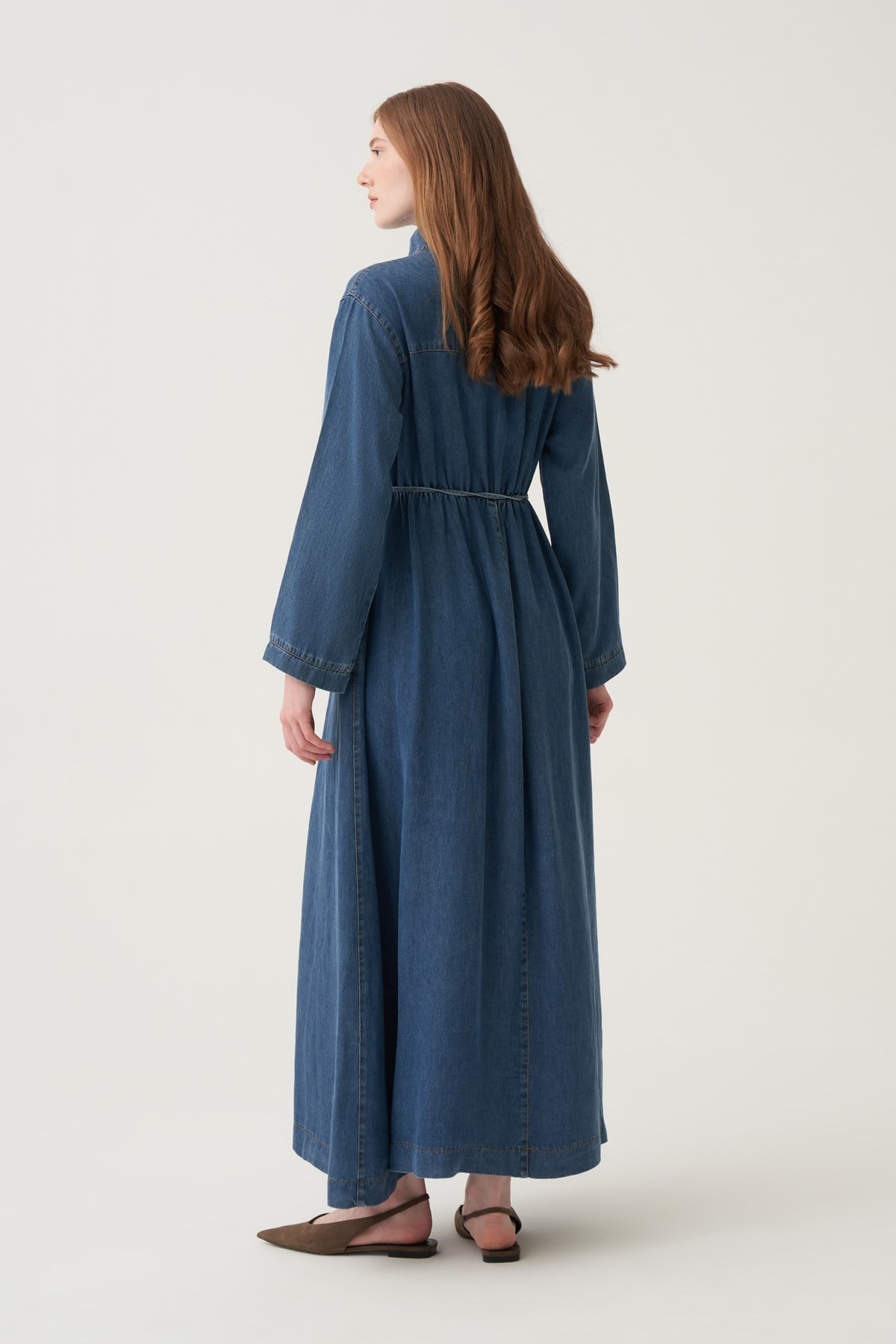 Mavi-Fermuarlı Kemerli Denim Tensel Elbise