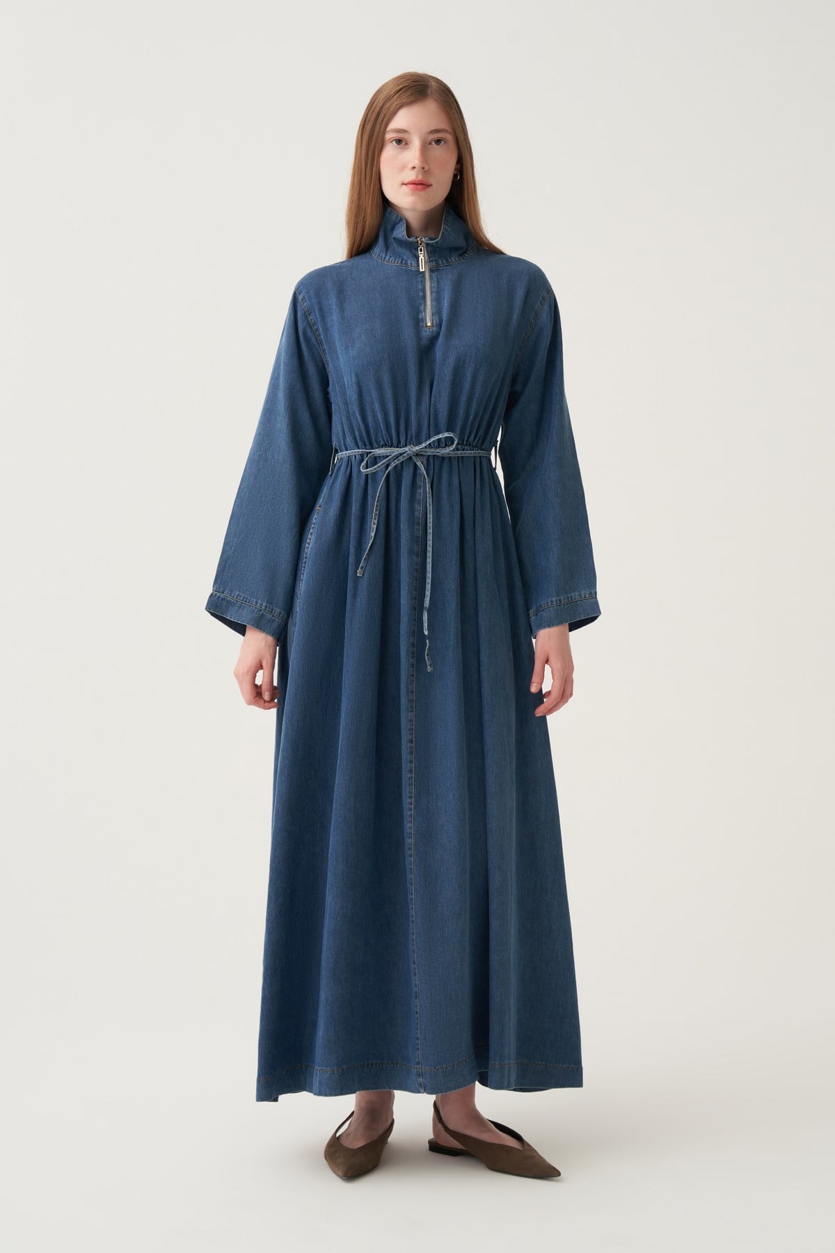Mavi-Fermuarlı Kemerli Denim Tensel Elbise