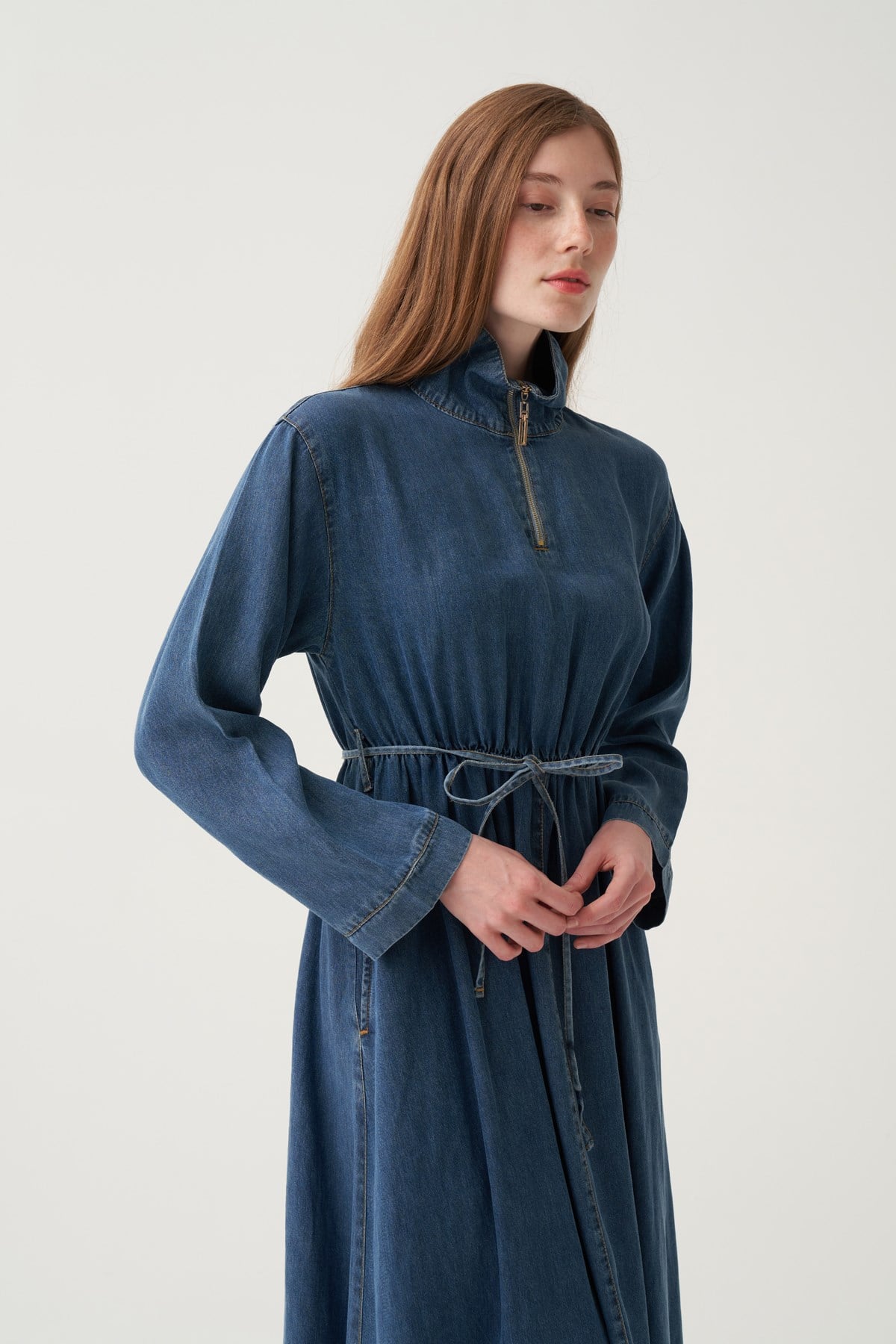 Mavi-Fermuarlı Kemerli Denim Tensel Elbise
