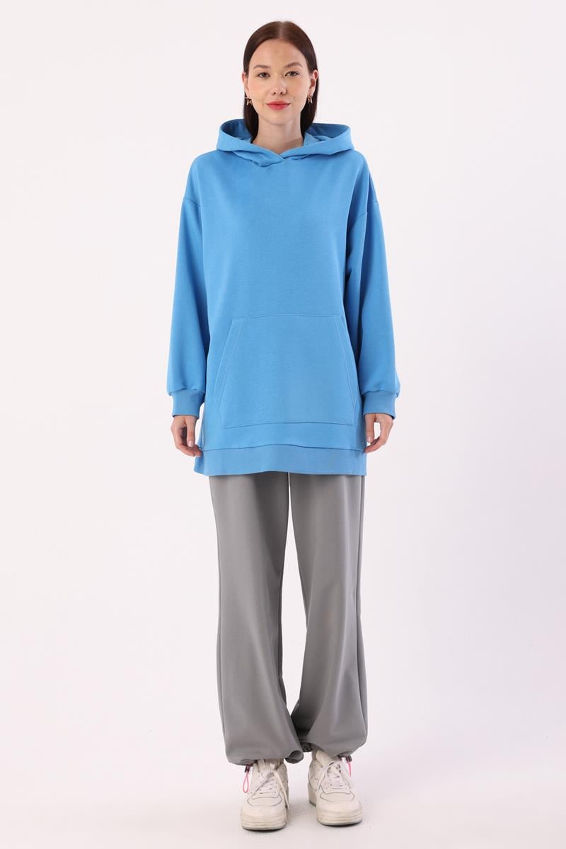 Blue-Kangaroo Pocket Oversize Sweatshirt