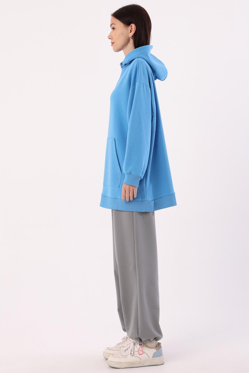 Blue-Kangaroo Pocket Oversize Sweatshirt