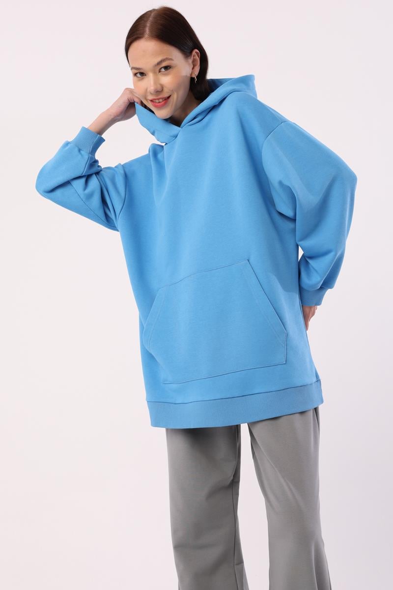 Blue-Kangaroo Pocket Oversize Sweatshirt