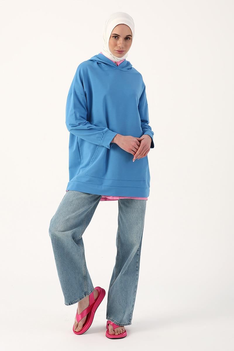 Mavi-Kapüşonlu Kanguru Cepli Sweatshirt