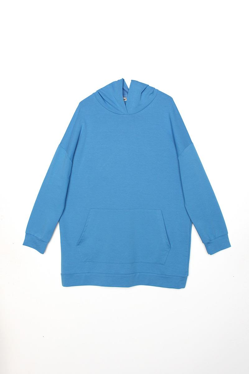 Mavi-Kapüşonlu Kanguru Cepli Sweatshirt