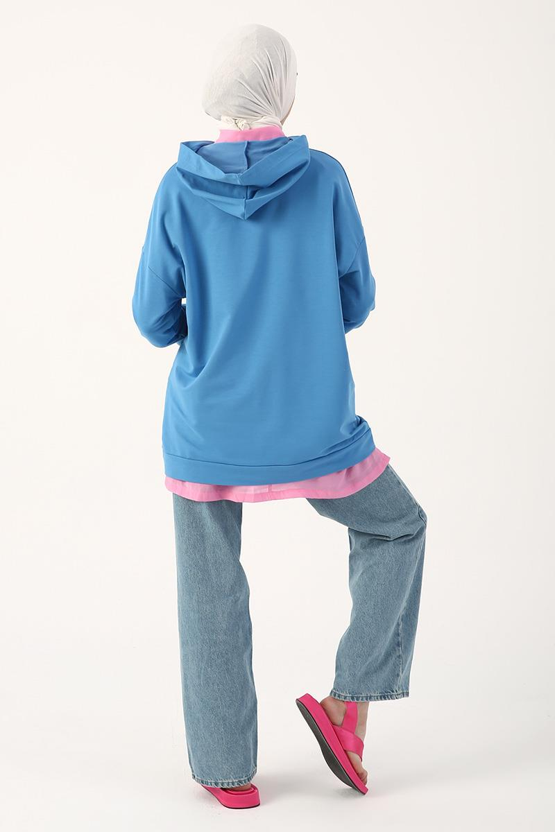 Mavi-Kapüşonlu Kanguru Cepli Sweatshirt