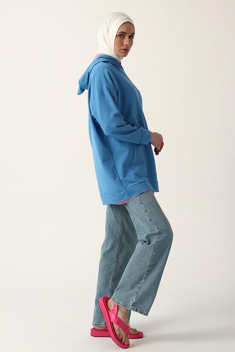 Mavi-Kapüşonlu Kanguru Cepli Sweatshirt