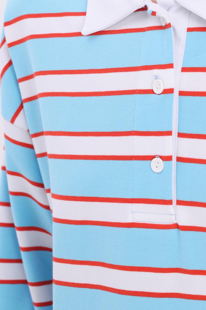 Mavi-Kırmızı-Pamuklu Polo Yaka Çizgili Sweat Tunik