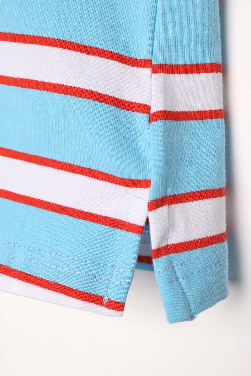Mavi-Kırmızı-Pamuklu Polo Yaka Çizgili Sweat Tunik